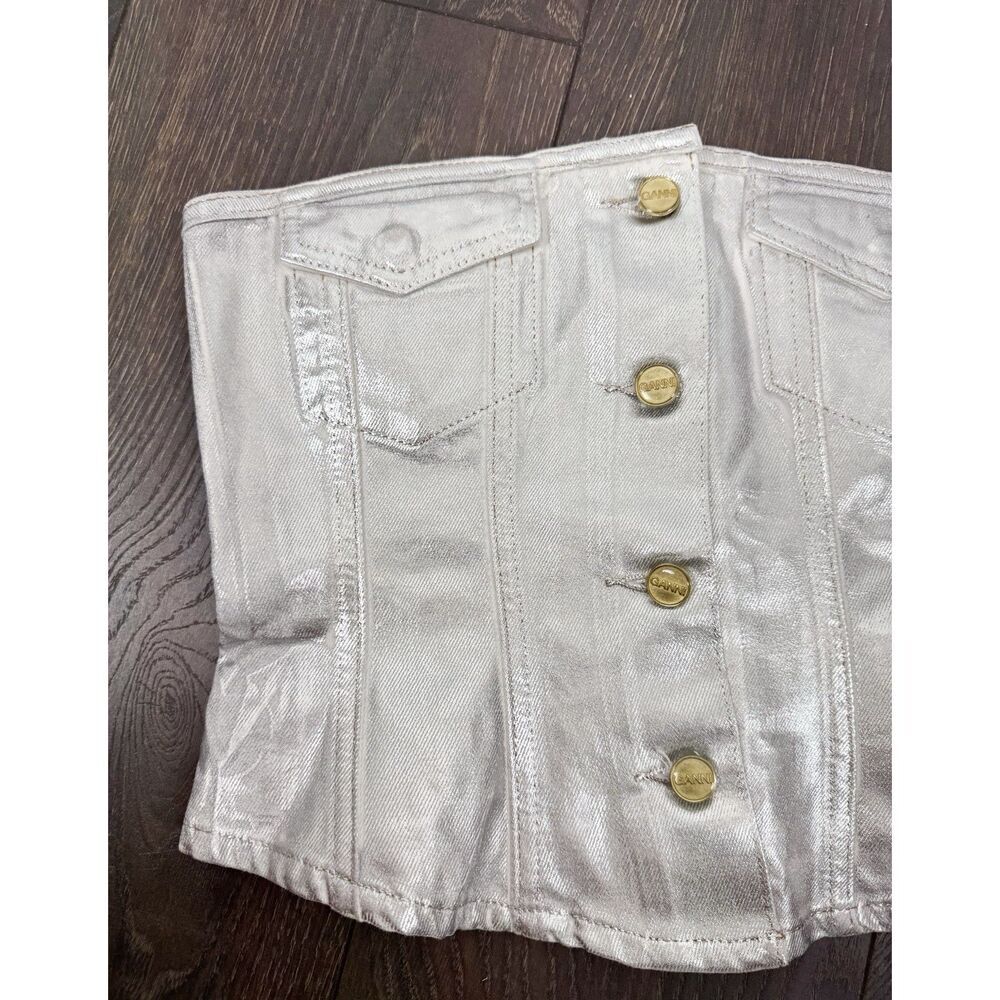 GANNI Corset Foil Denim Bandeau Button Front Metallic Silver EU 36 New - Picture 3 of 6